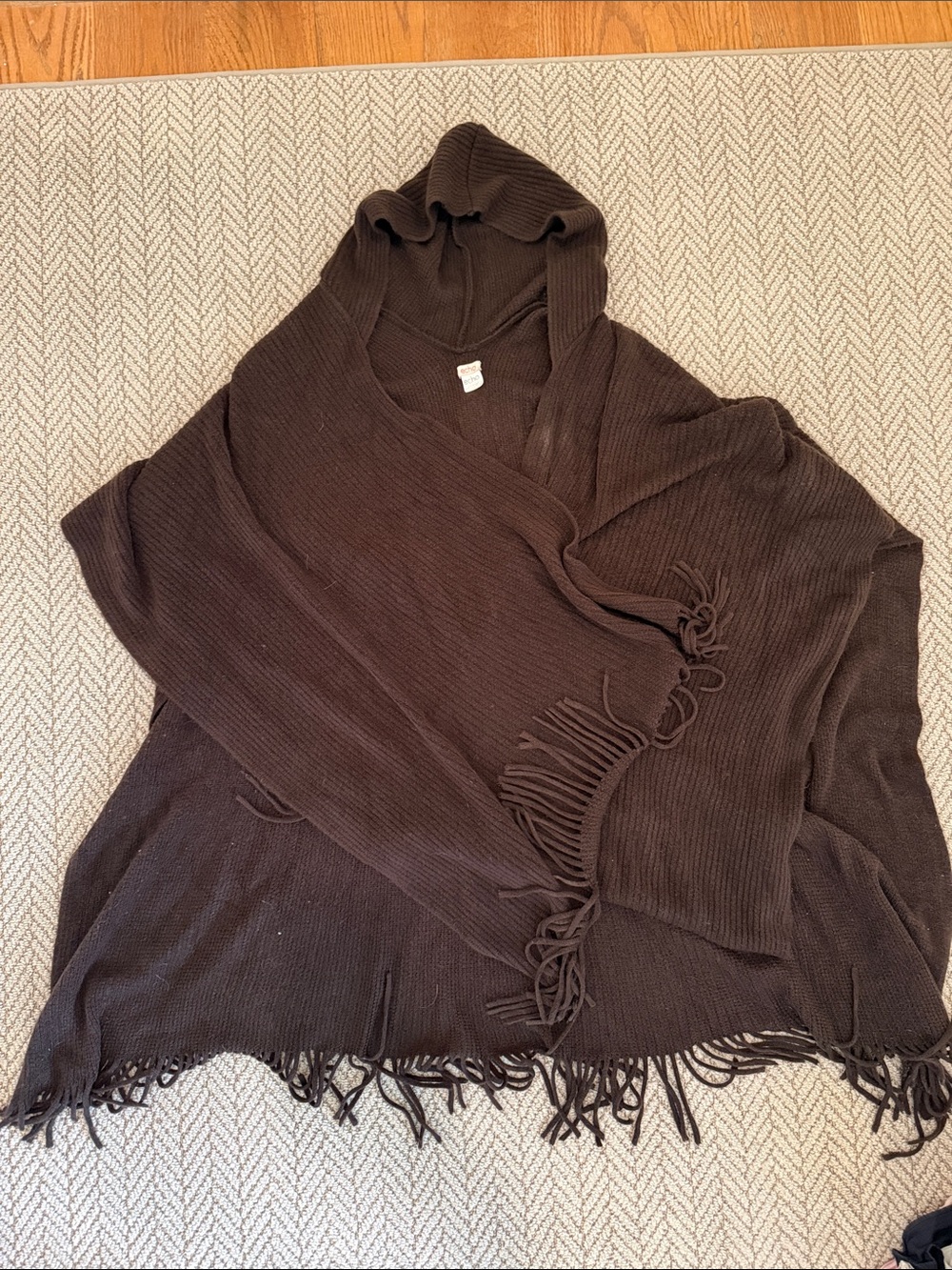 Cozy Hooded Fringe Knit Poncho/Shawl - Dark Brown